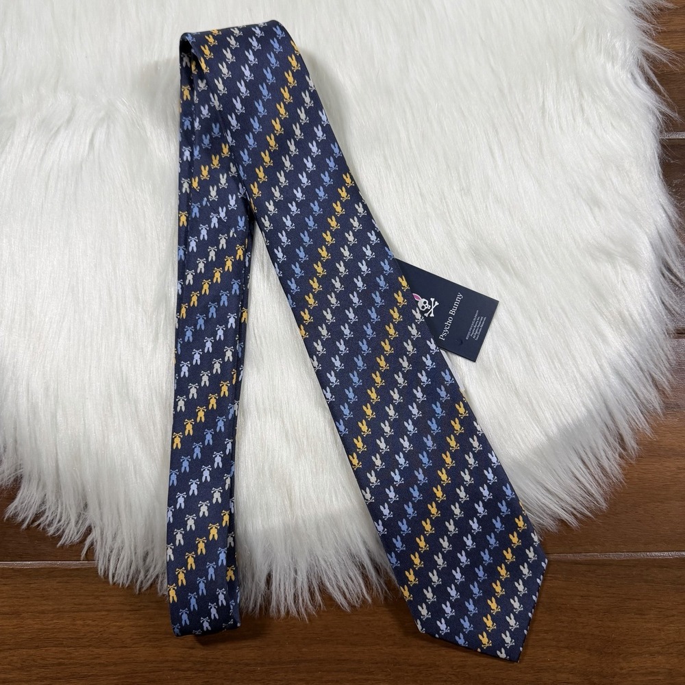 Psycho Bunny Men's Multicolor Blue Yellow Skull Bunny Logo 100% Silk Necktie Tie